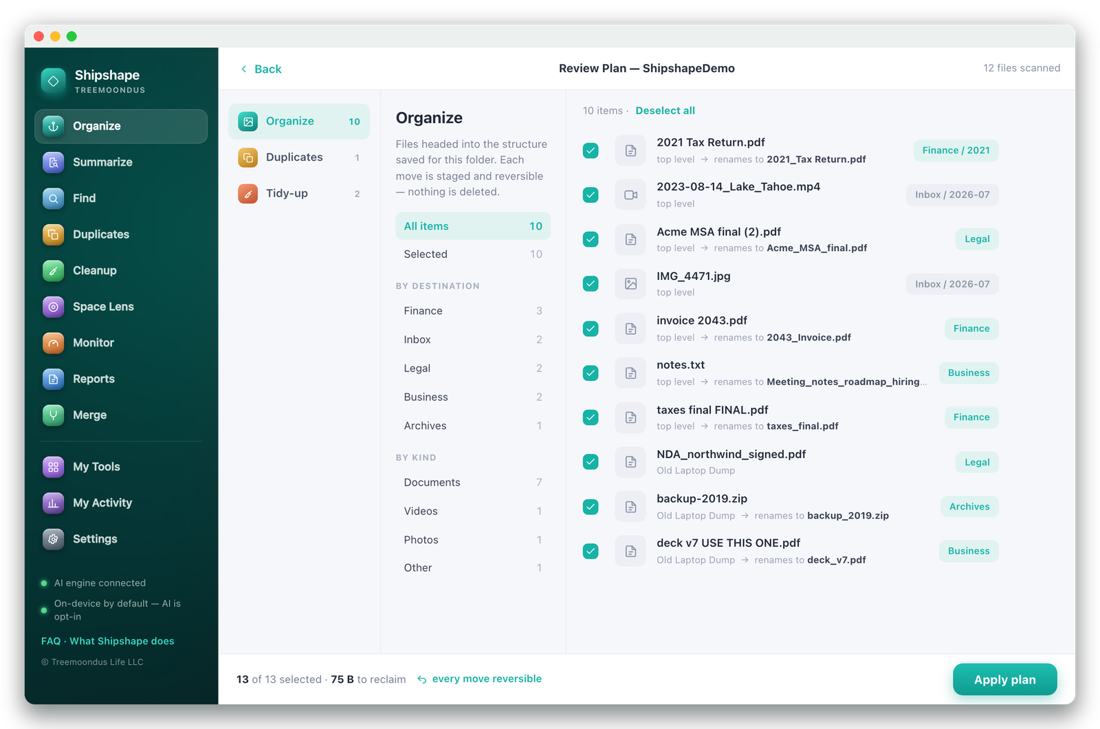 Shipshape's Review Plan screen: every proposed move and rename listed with reasons, MOVE and TRASH tags, and an Apply plan button