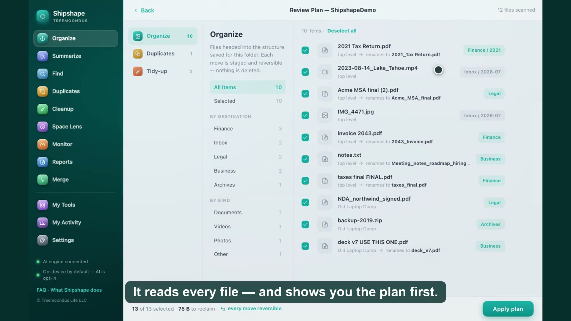 Shipshape's Review Plan screen